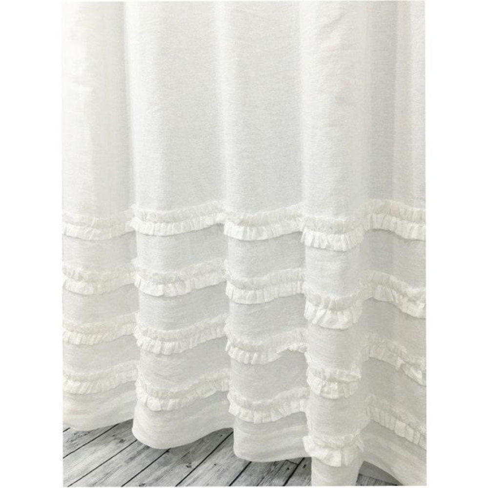 White Shower Curtain with Rows of Ruffles, 100% Linen, 72x80”